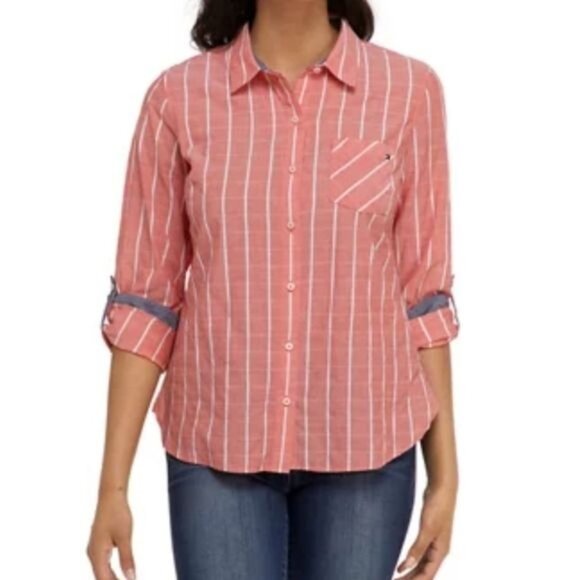 Tommy Hilfiger Roll Tab Stripe Convertible Button Down Shirt Top Women's Size XS - Picture 1 of 11